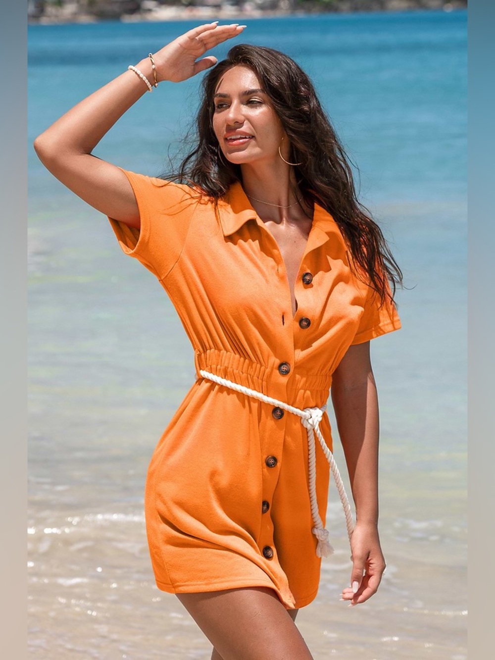 Cupshe Orange Button-Front Mini Dress with Rope Belt - Picture 2 of 12